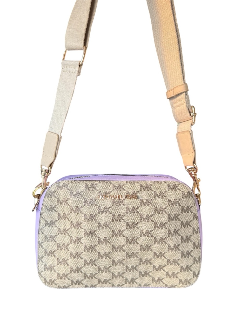 Michael Kors Beige Signature Canvas Crossbody with Lavender Trim